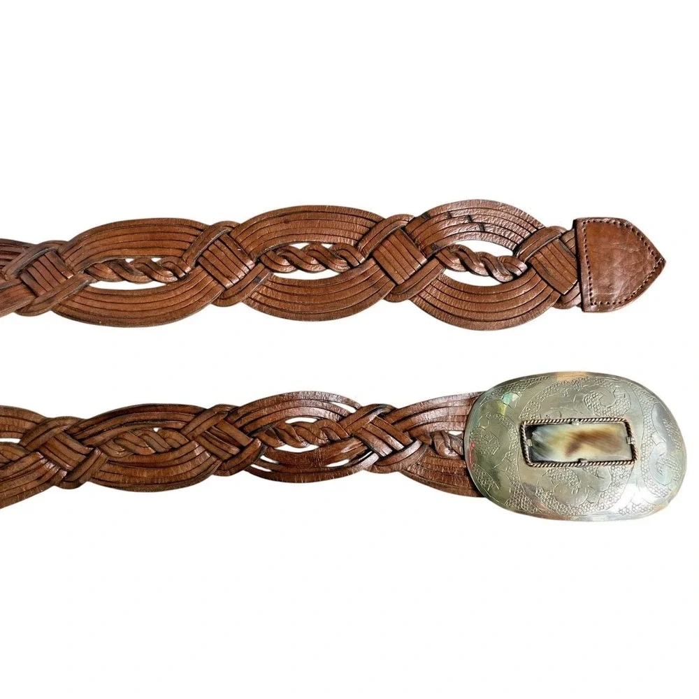 Vintage Boho Braided Leather Belt Oversized Engraved Statement Buckle Western 46